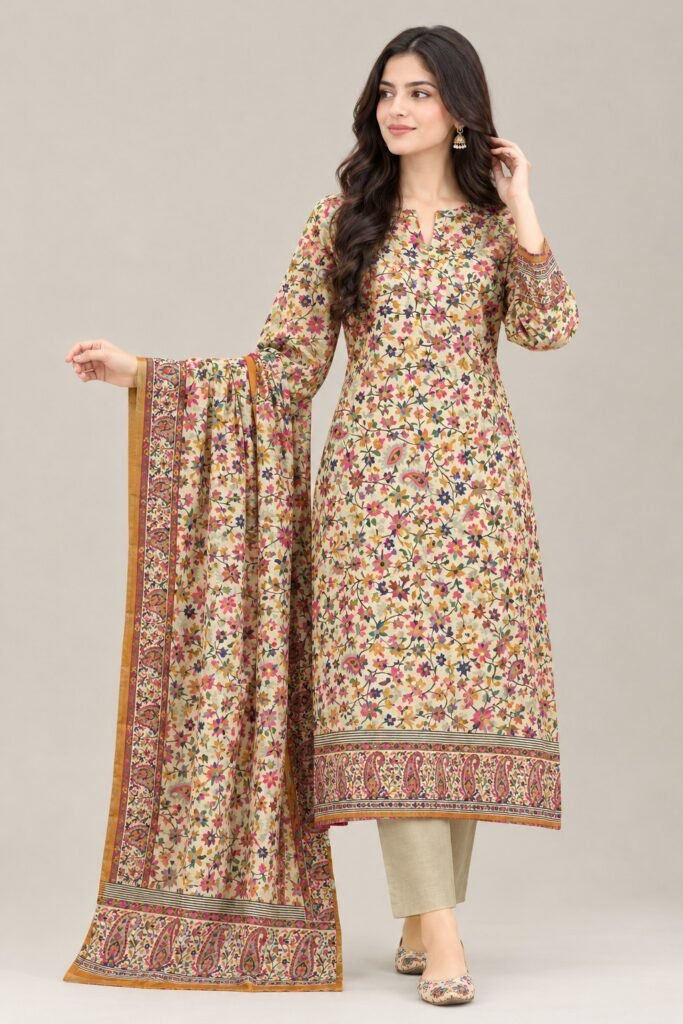 Pure Pashmina wool 3-piece unstitched suit with Qalamkari printed shirt and dupatta and plain wool shalwar – floral design