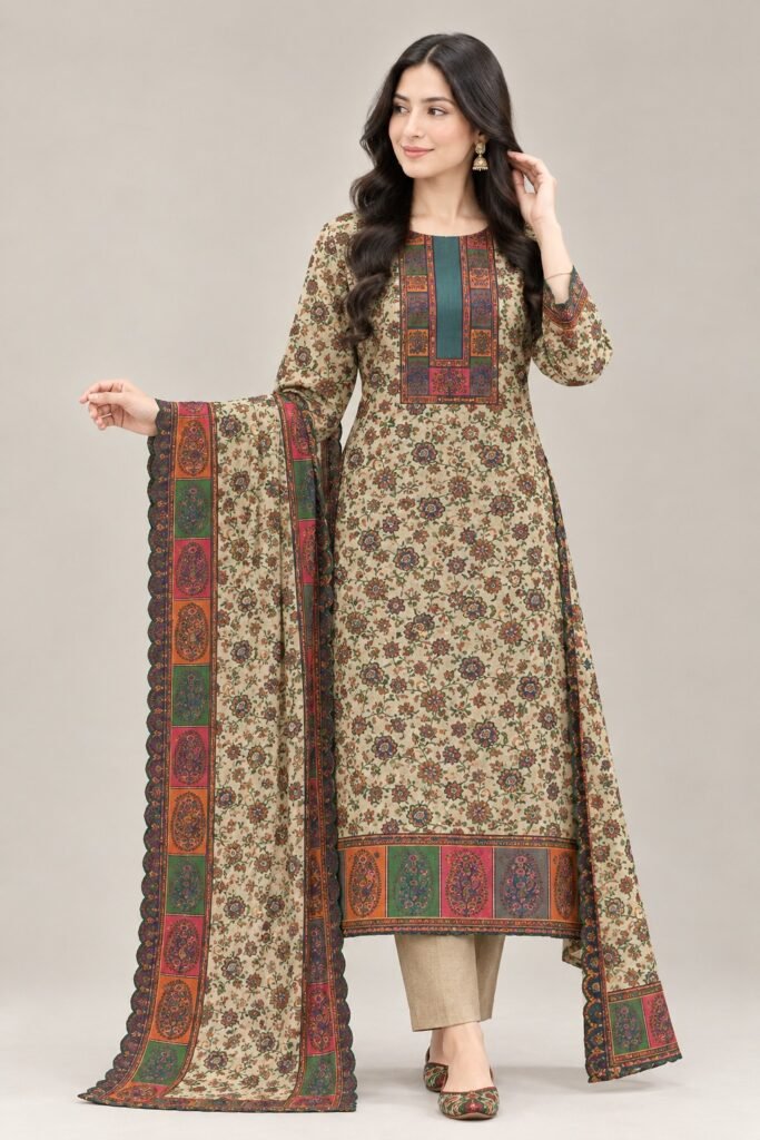 Pure Pashmina wool 3-piece unstitched suit with Qalamkari printed shirt and dupatta and plain wool shalwar – paisley panel design