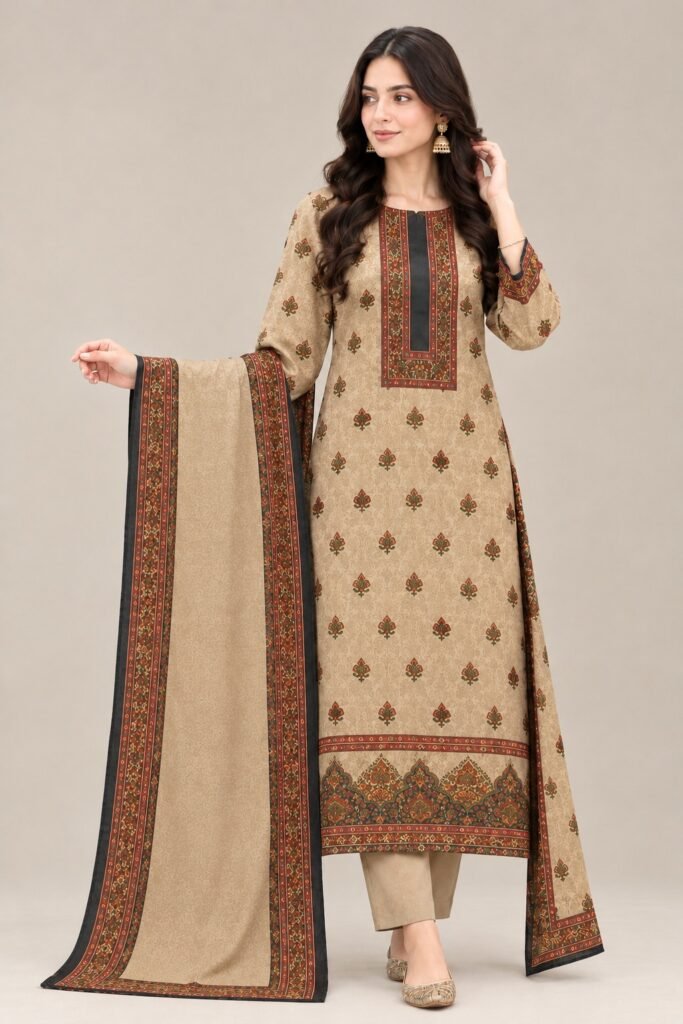 Pure Pashmina wool 3-piece unstitched suit with Qalamkari printed shirt and dupatta and plain wool shalwar – booti design