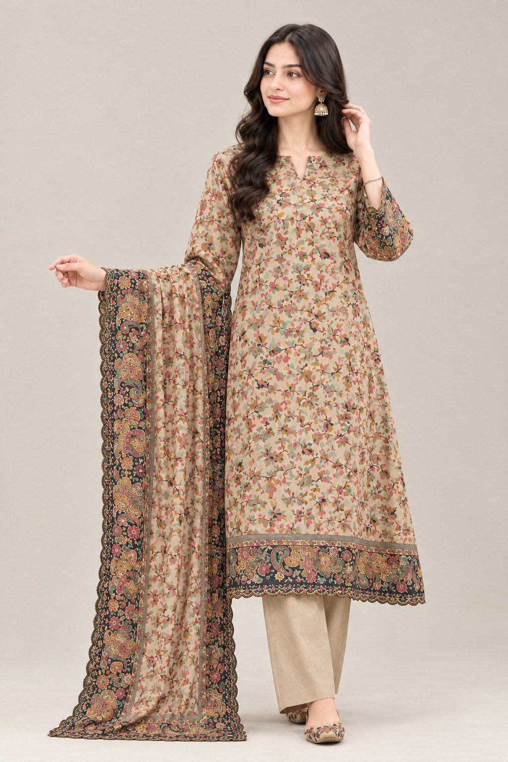 Pure Pashmina wool 3-piece unstitched suit with Qalamkari printed shirt and dupatta and plain wool shalwar – leaf print design