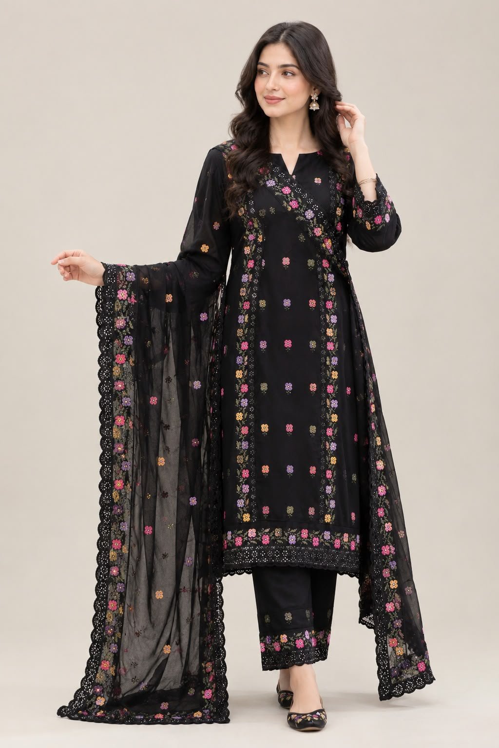 Black Floral Embroidered 3-Piece Suit