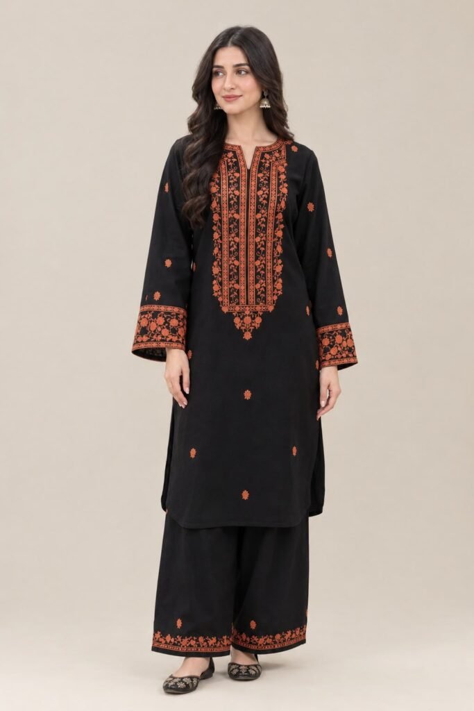 Black Rust-Orange Embroidered 2-Piece Suit