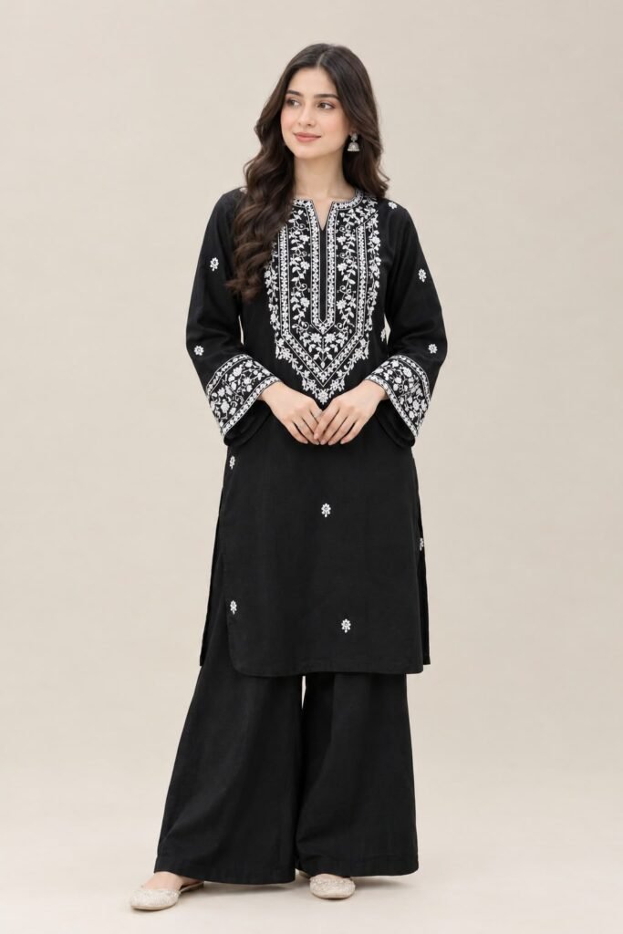 Black & White Floral Embroidered 2-Piece Suit