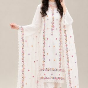 White Floral Embroidered 3-Piece Suit with Chiffon Dupatta