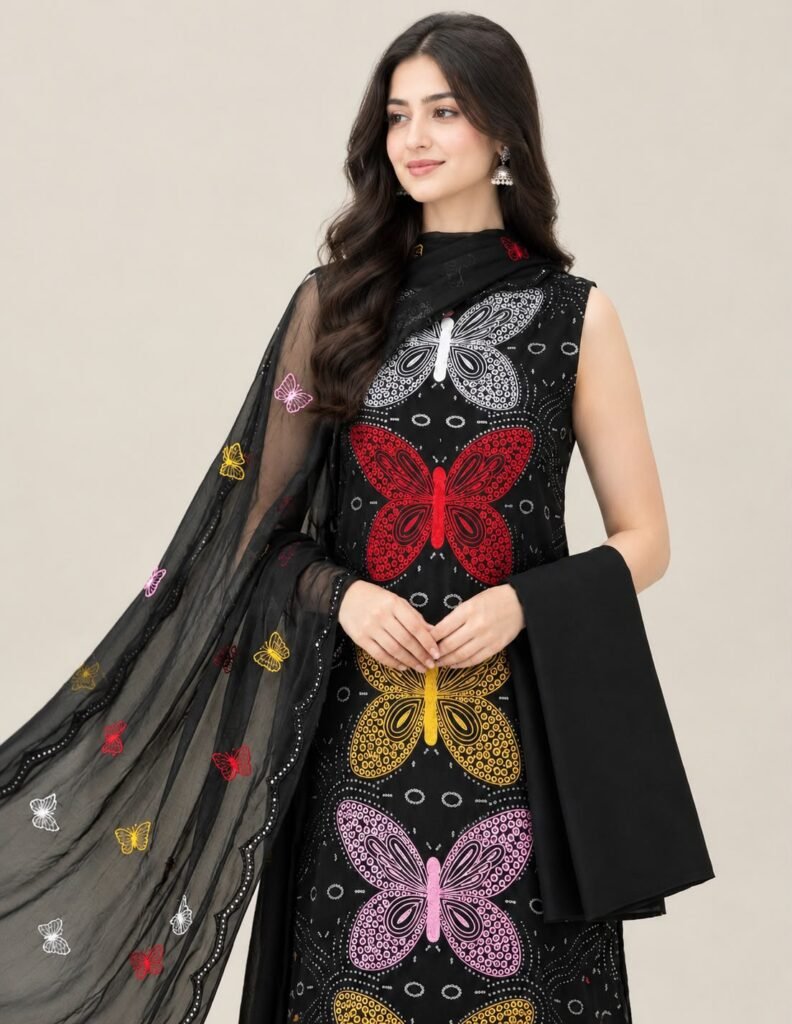 Black butterfly embroidered 3 piece winter cotton suit with chiffon dupatta