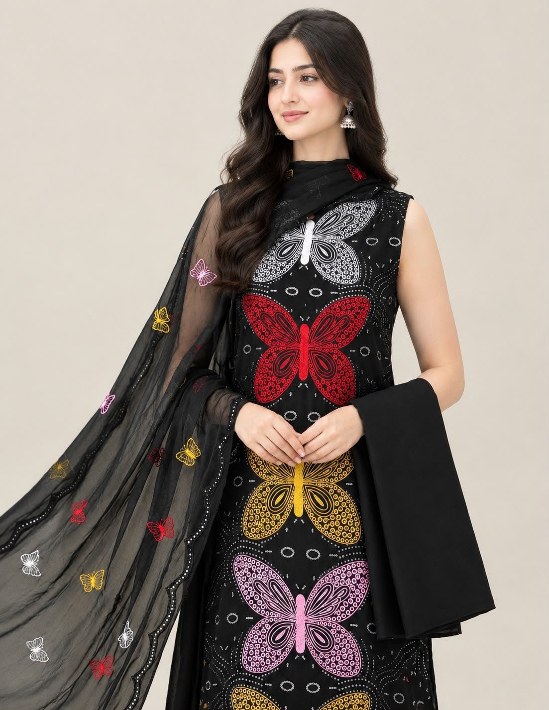 Black butterfly embroidered 3 piece winter cotton suit with chiffon dupatta